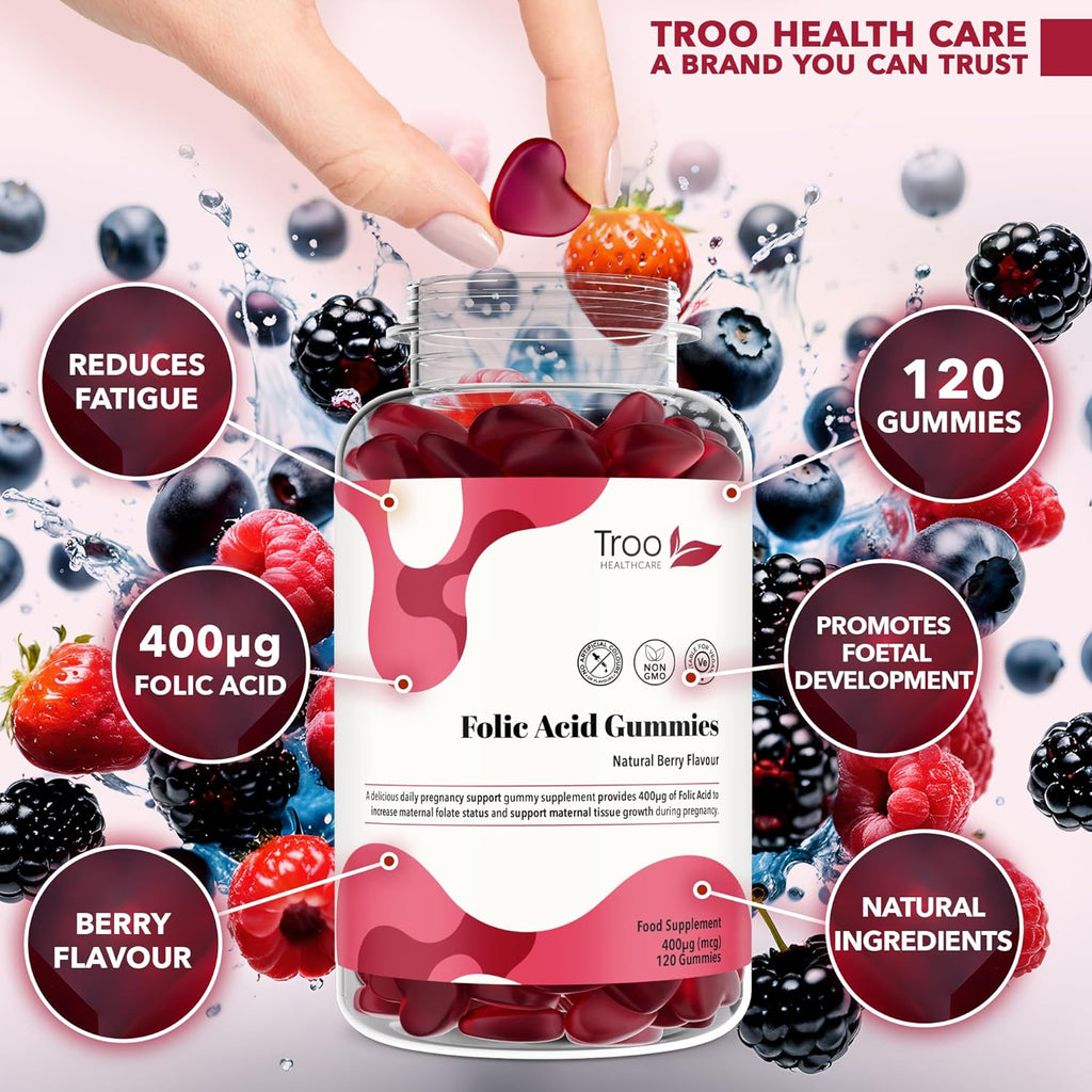 Folic Acid 400Μg Gummy Prenatal Supplement - 120 Natural Berry Flavour Gummies to Support Health Pregnancy & Foetus Development - No Common Allergens or GMO