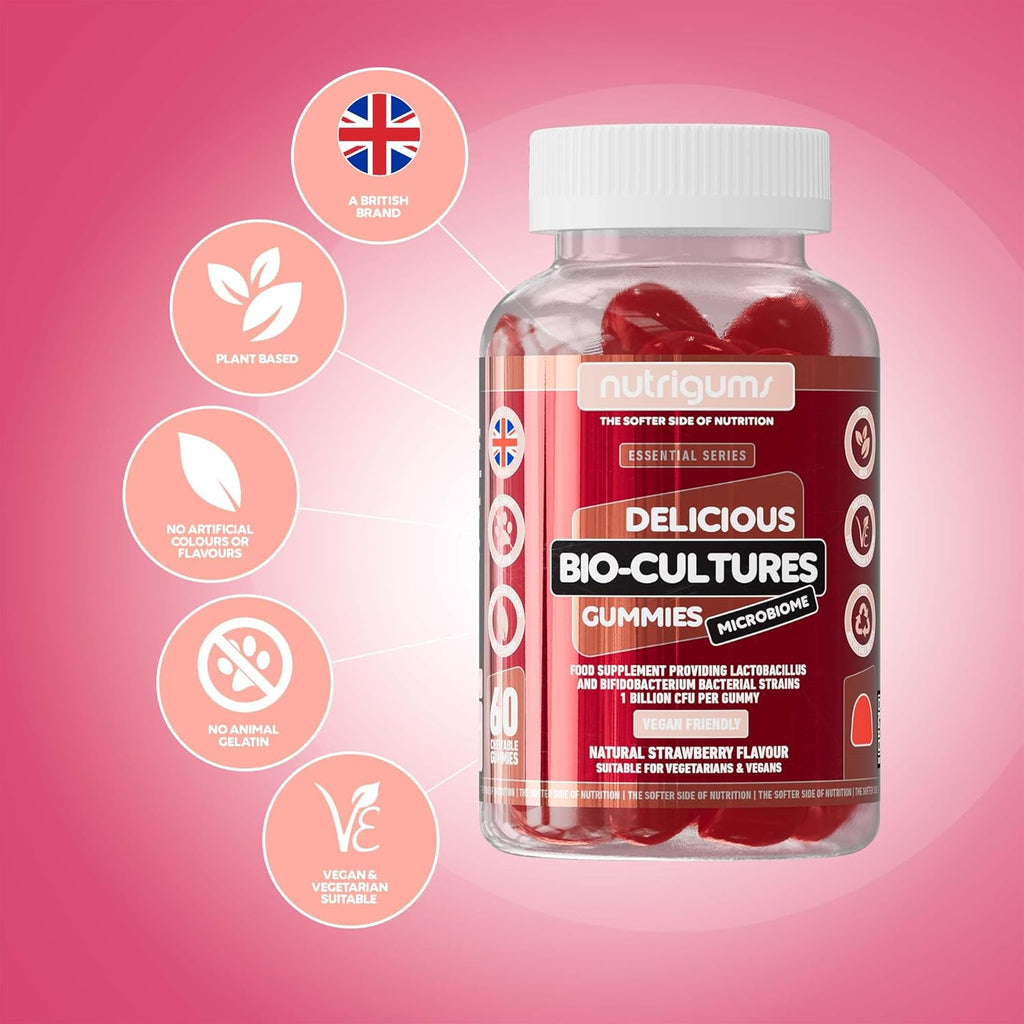 Bio-Cultures Microbiome Complex Gummy | 12 Multi-Strain Probiotics 1 Billion CFU | Acidophilus & Bifidobacterium | Strawberry Flavour | 60 Vegan Gummies | Support Wellbeing & Gut Heath by ®