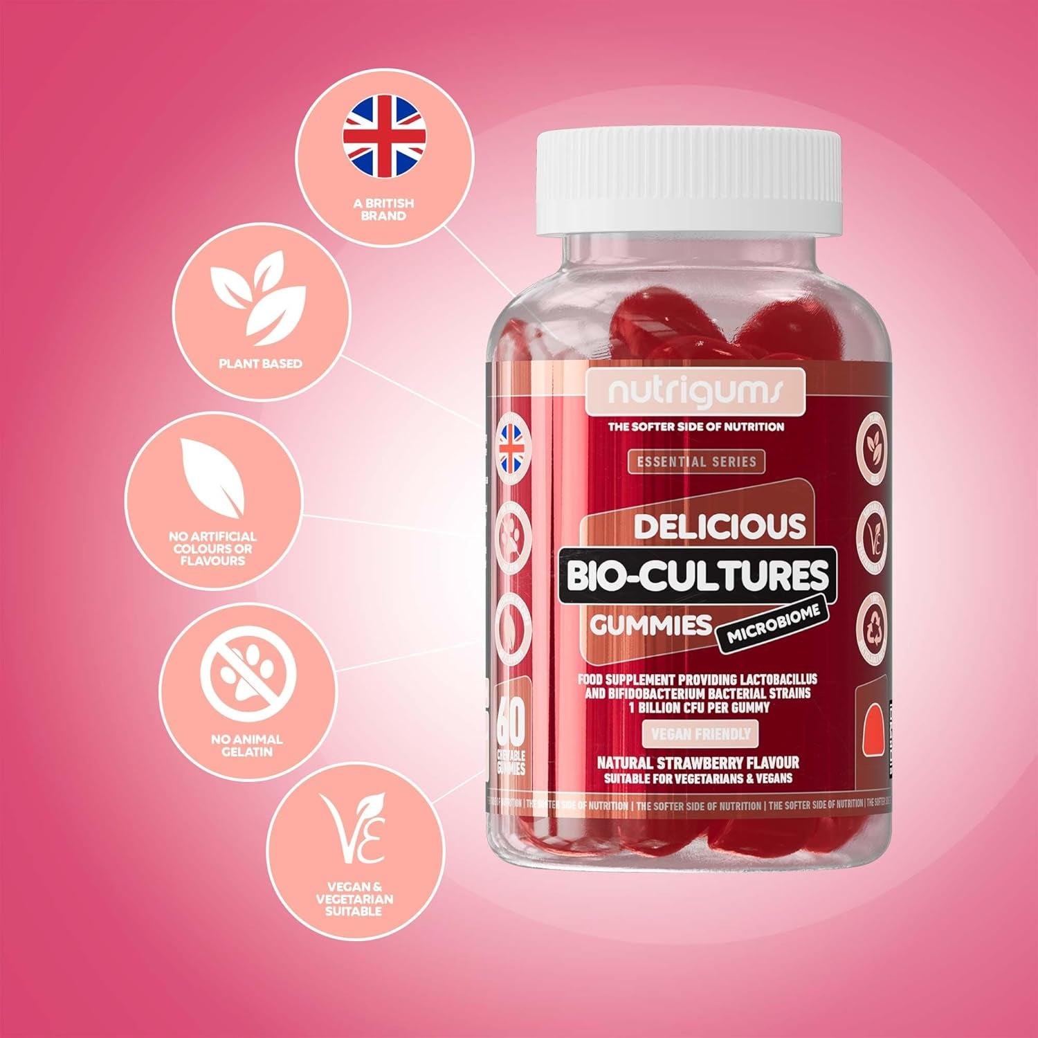 Bio-Cultures Microbiome Complex Gummy | 12 Multi-Strain Probiotics 1 Billion CFU | Acidophilus & Bifidobacterium | Strawberry Flavour | 60 Vegan Gummies | Support Wellbeing & Gut Heath by ®