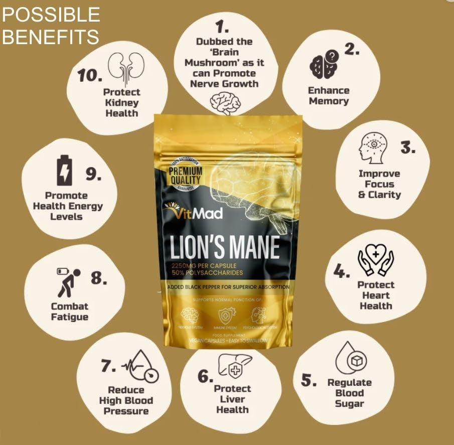 Lions Mane Supplement 2250Mg per Capsule - 1 a Day - 50% Polysaccharides (60)