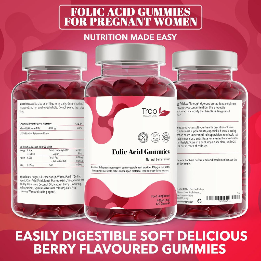 Folic Acid 400Μg Gummy Prenatal Supplement - 120 Natural Berry Flavour Gummies to Support Health Pregnancy & Foetus Development - No Common Allergens or GMO