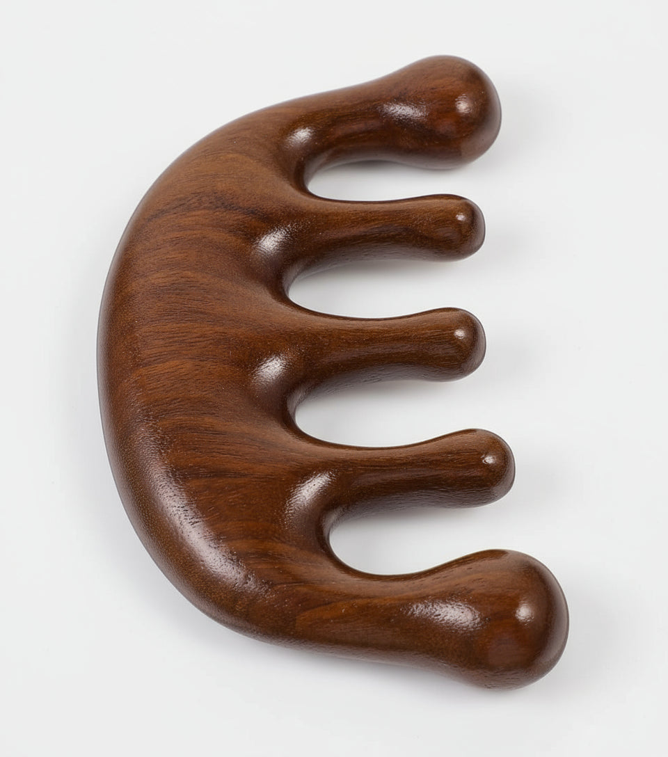 Golden Sandalwood Wooden Massager Comb Five Teeth, Acupoint Scalp and Body Massage Tool for Relaxation and Stress Relief, Suitable for Home and Travel Use